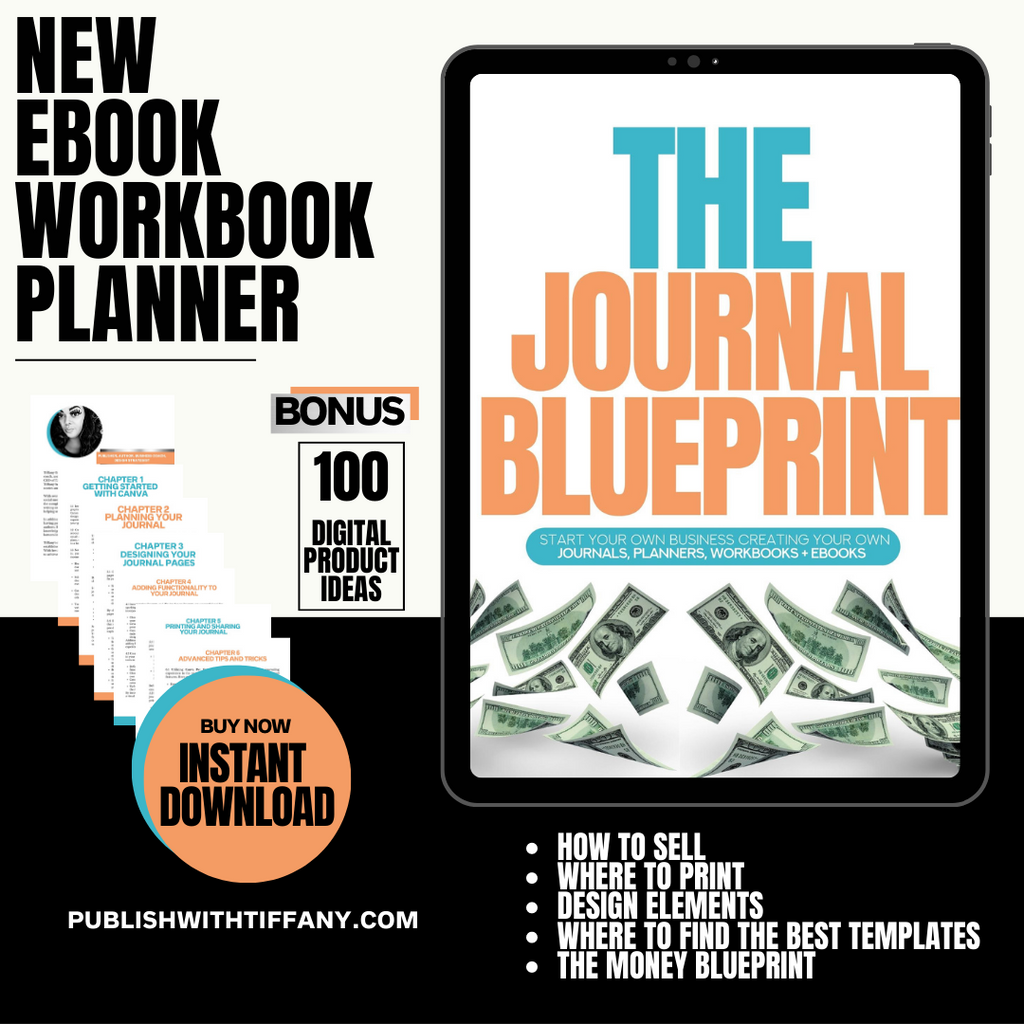 'The Journal Blueprint: Unlock Your Creativity and Design Stunning Journals with Canva' eBook, a comprehensive guide teaching readers how to design beautiful, custom journals using Canva's intuitive tools."